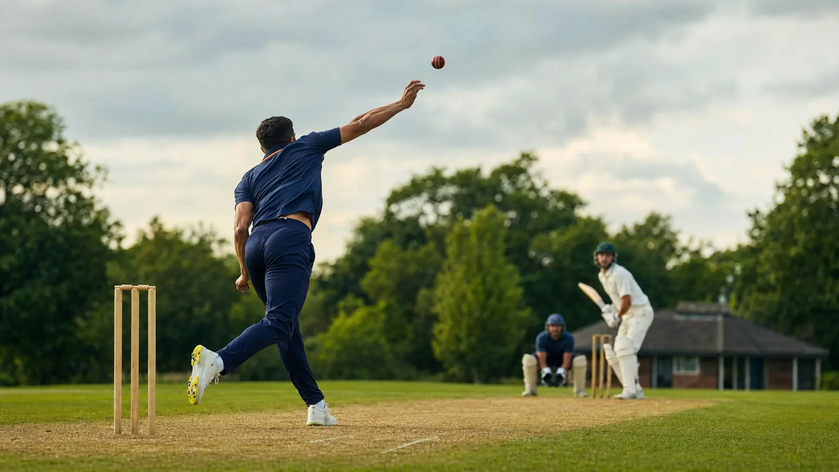 A community cricketer bowling at pace